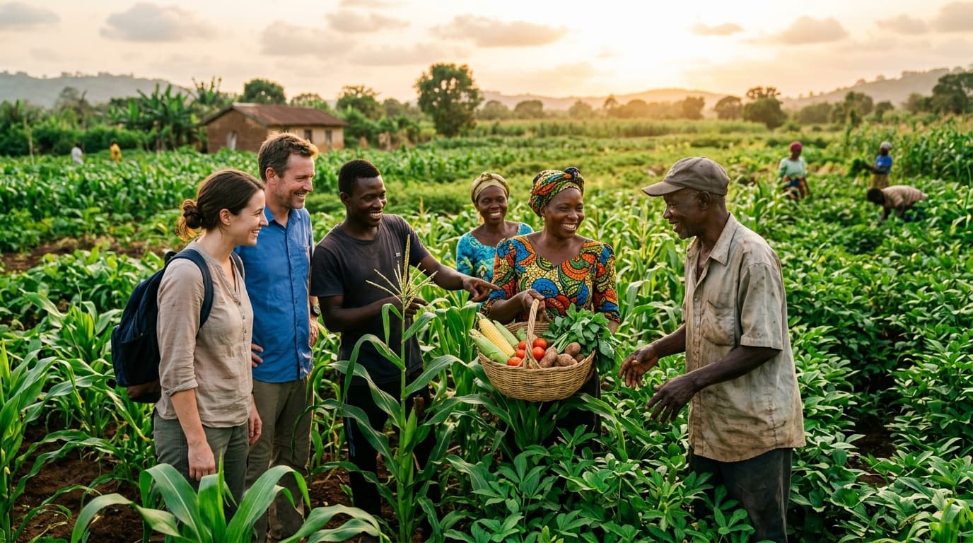 Nigerian community farmers inspecting healthy crops and agricultural harvest
