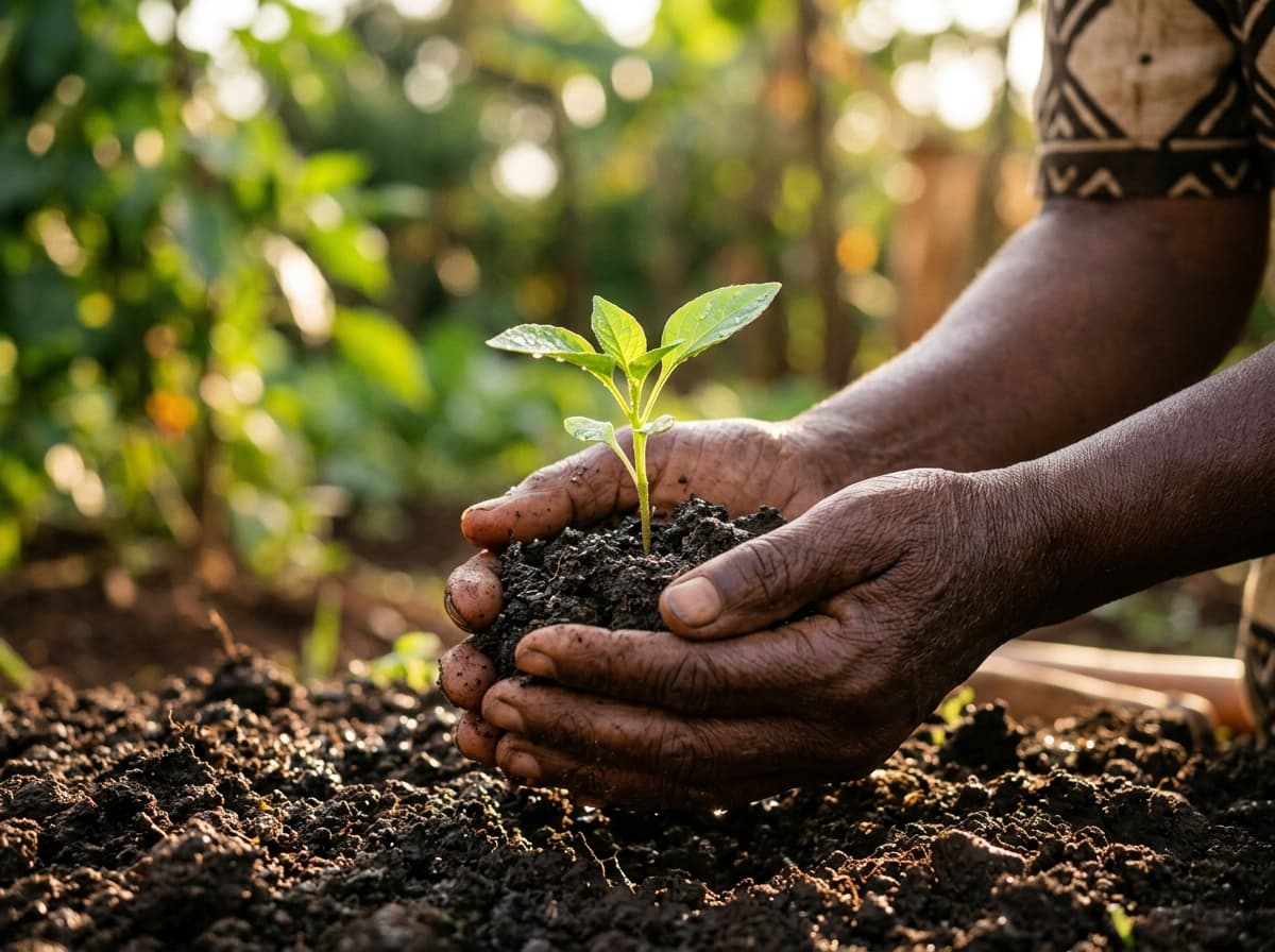 African hands holding fertile soil and a tender green seedling